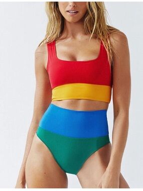 Women’s Retro Colorblock High-Waist Swim Set - Red/Yellow/Blue/Green